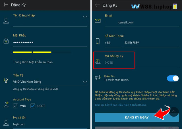 Biểu mẫu đăng ký tài khoản w88 trên điện thoại