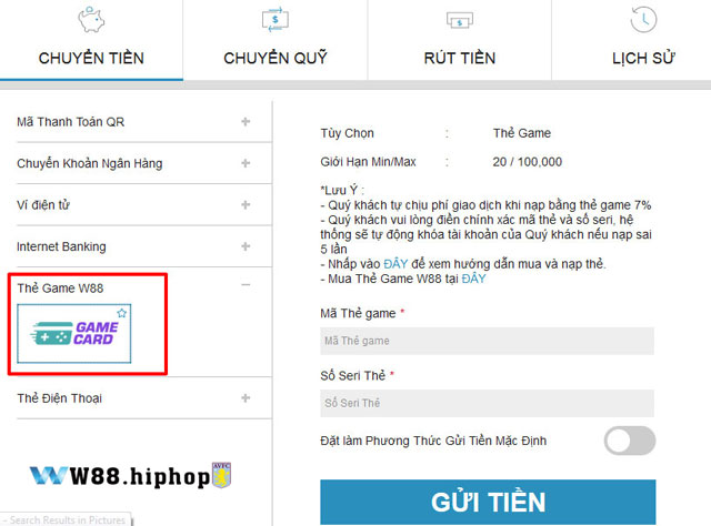 Chú ý mức phí khi nạp qua thẻ game w88