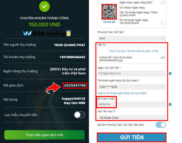 Điền đủ thông tin vào phiếu gửi tiền w88