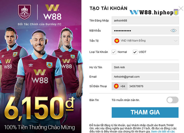 Giao diện đăng ký tài khoản w88 trên máy tính