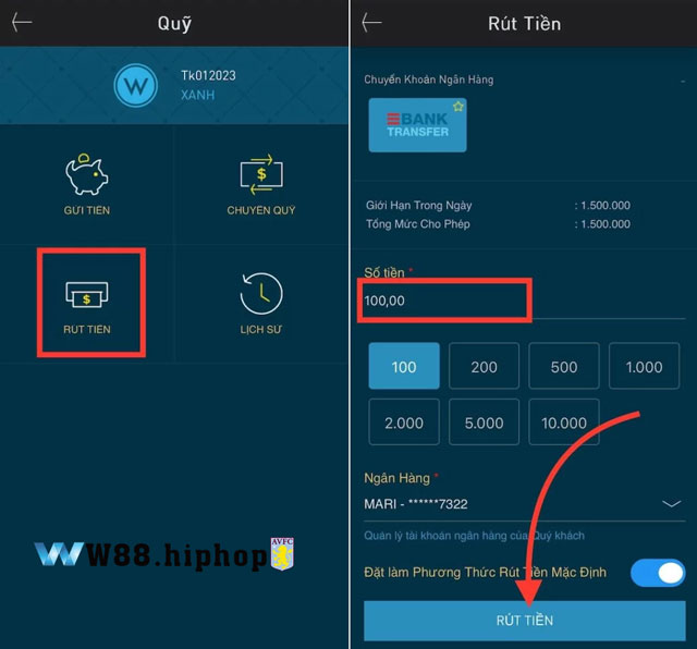 Thao tác rút tiền qua chuyển khoản ngân hàng tại w88